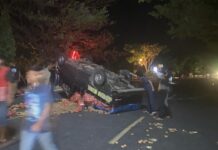 Ban Pecah, Pickup Terbalik Masuk di Badan Jalan
