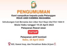 Cuti Bersama dan Libur Lebaran Idulfitri 1444 H, Poliklinik Rawat Jalan RSUD Andi Djemma Masamba Tutup Sementara