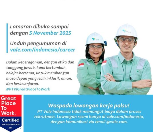 PT Vale Buka Lowongan Kerja, Berikut Posisinya