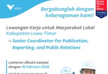 PT Vale Buka Loker Lagi untuk Posisi Senior Coordinator For Publication, Reporting and Public Relation