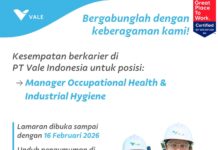 Ada Loker di PT Vale, Posisi Manager Occupational Health & Industrial Hygiene