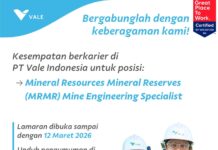 PT Vale Kembali Buka Loker untuk Posisi MRMR Mine Engineering Specialist