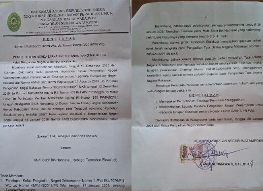 Pengadilan Negeri Watampone Tangguhkan Permohonan Eksekusi Sibu Bin Juma, Menunggu Putusan Inkrah PTUN