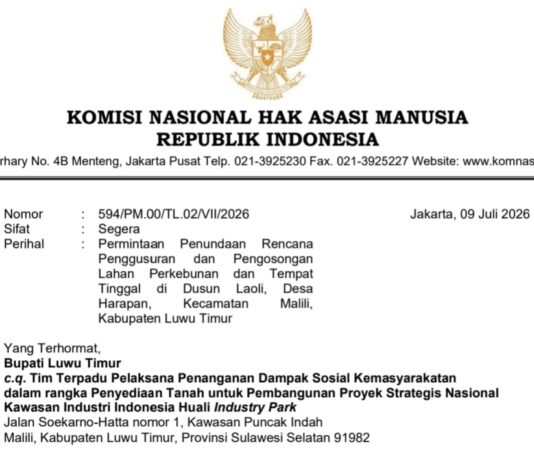 Komnas HAM Surati Bupati Luwu Timur Hentikan Penggusuran Lahan PT IHIP, Ada Pelanggaran HAM ?